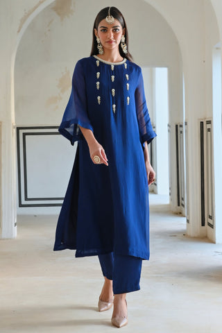 Royal blue bell-sleeve rahi kurta with pant