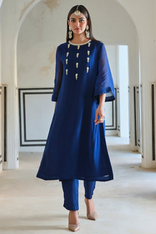 Royal blue bell-sleeve rahi kurta with pant