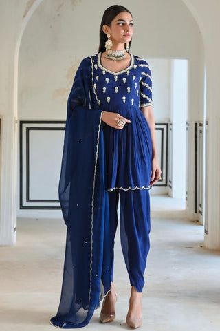Royal blue rahi peplum with dhoti and dupatta