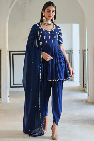 Royal blue rahi peplum with dhoti and dupatta