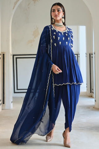 Royal blue rahi peplum with dhoti and dupatta