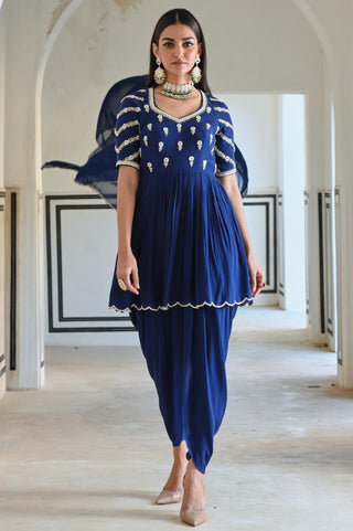 Royal blue rahi peplum with dhoti and dupatta
