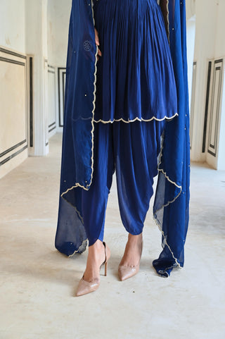 Royal blue rahi peplum with dhoti and dupatta