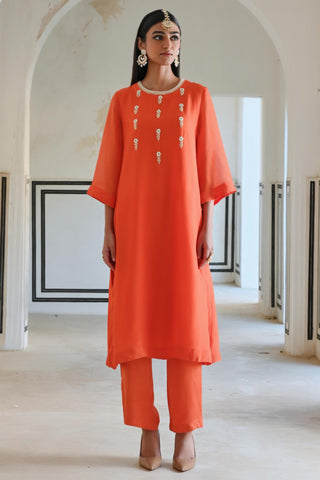 Orange bell-sleeve rahi kurta with pants