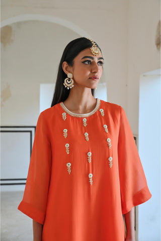Orange bell-sleeve rahi kurta with pants