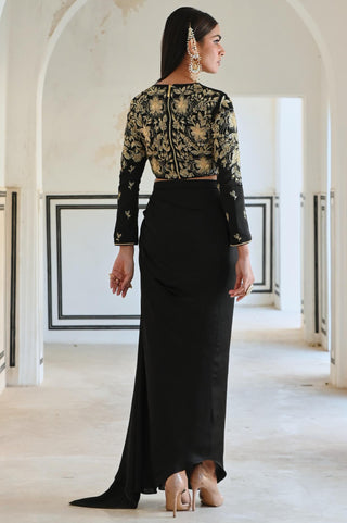 Black rahi crop top with cowl skirt