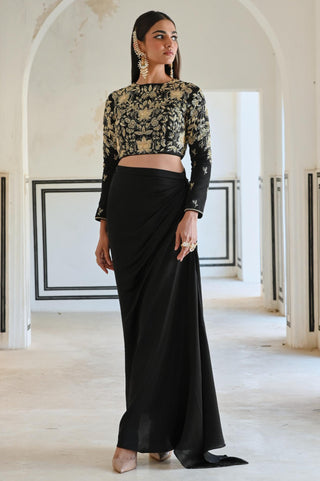 Black rahi crop top with cowl skirt