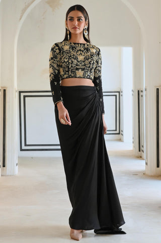 Black rahi crop top with cowl skirt