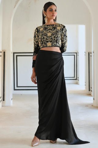 Black rahi crop top with cowl skirt