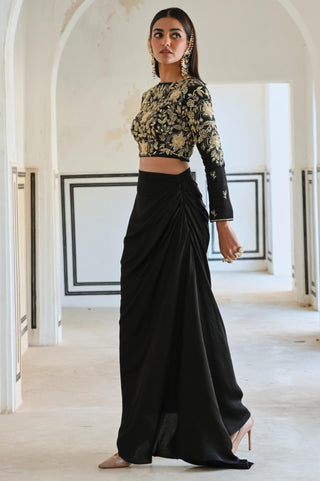 Black rahi crop top with cowl skirt