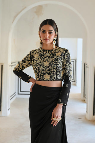 Black rahi crop top with cowl skirt