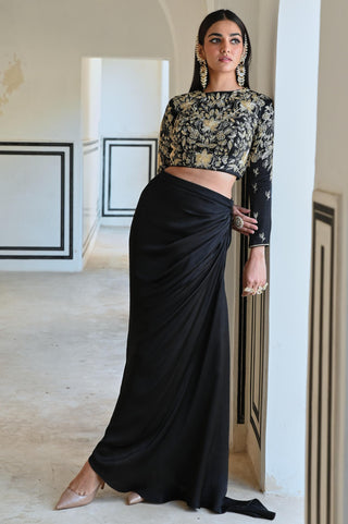 Black rahi crop top with cowl skirt