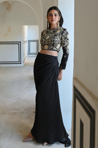 Black rahi crop top with cowl skirt