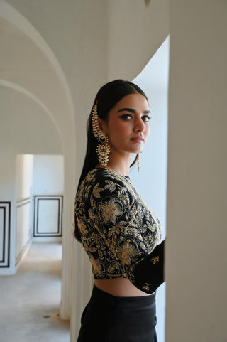 Black rahi crop top with cowl skirt