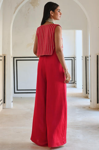 Red rahi short jacket with spaghetti jumpsuit