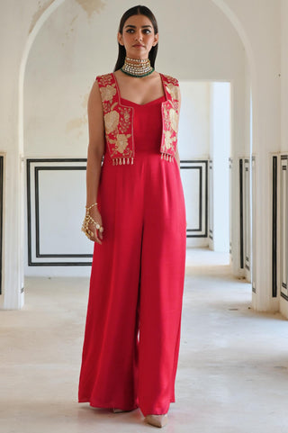 Red rahi short jacket with spaghetti jumpsuit