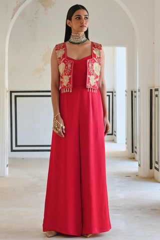 Red rahi short jacket with spaghetti jumpsuit