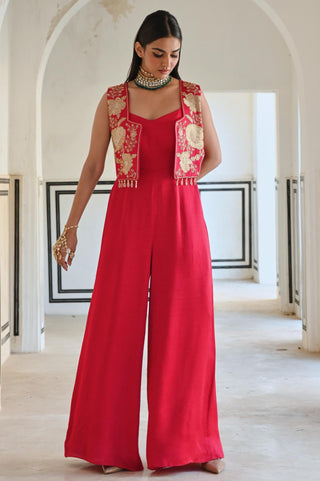Red rahi short jacket with spaghetti jumpsuit