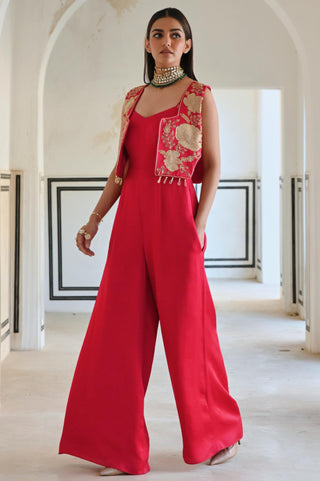 Red rahi short jacket with spaghetti jumpsuit