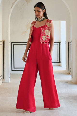 Red rahi short jacket with spaghetti jumpsuit