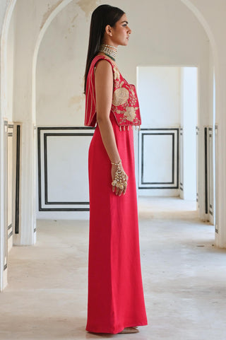 Red rahi short jacket with spaghetti jumpsuit