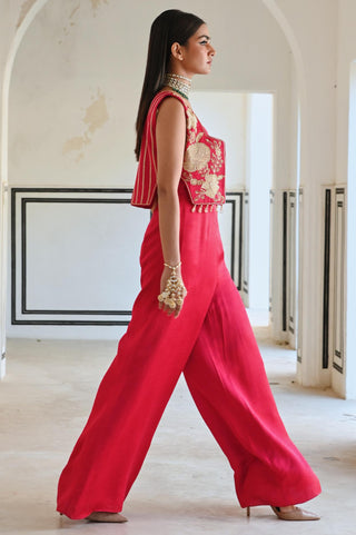 Red rahi short jacket with spaghetti jumpsuit