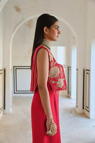 Red rahi short jacket with spaghetti jumpsuit