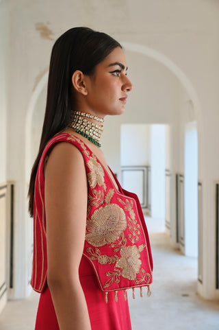 Red rahi short jacket with spaghetti jumpsuit
