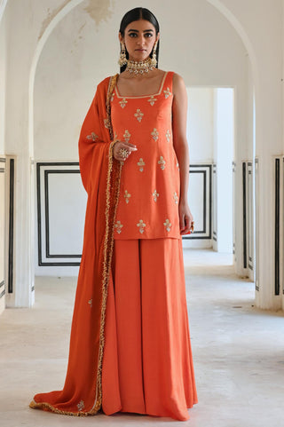 Orange rahi short kurta with palazzo and dupatta