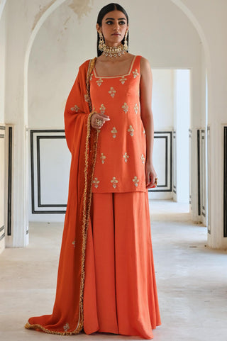 Orange rahi short kurta with palazzo and dupatta
