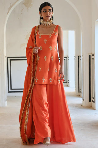 Orange rahi short kurta with palazzo and dupatta