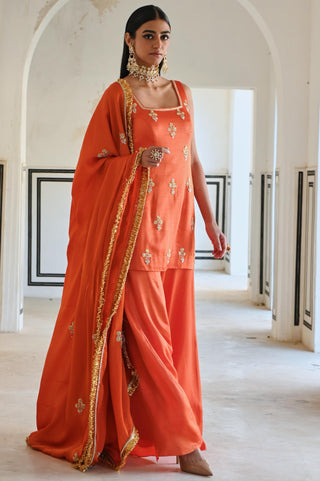 Orange rahi short kurta with palazzo and dupatta