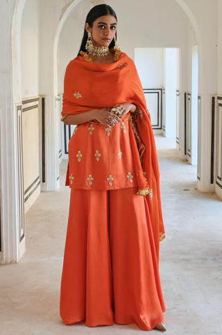 Orange rahi short kurta with palazzo and dupatta