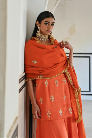 Orange rahi short kurta with palazzo and dupatta
