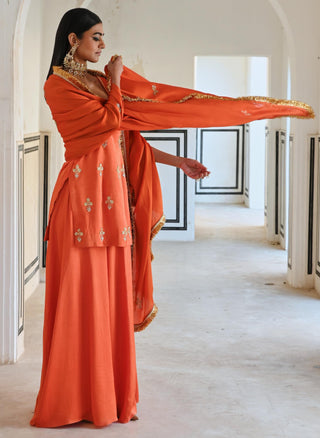 Orange rahi short kurta with palazzo and dupatta
