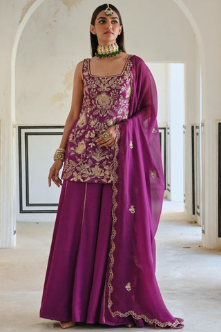 Purple rahi short kurta with palazzo and dupatta