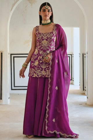 Purple rahi short kurta with palazzo and dupatta