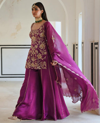 Purple rahi short kurta with palazzo and dupatta