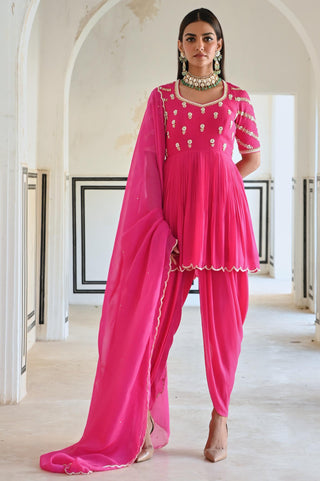 Rose pink rahi peplum with dhoti and dupatta