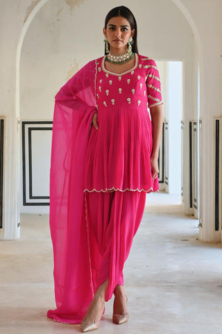 Rose pink rahi peplum with dhoti and dupatta