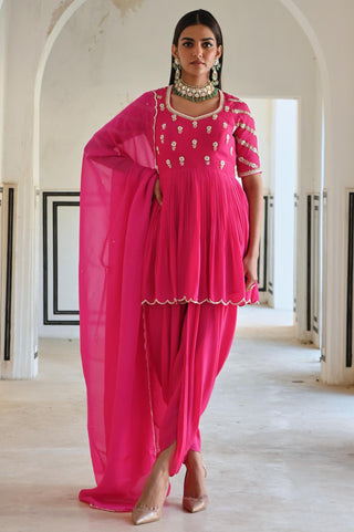 Rose pink rahi peplum with dhoti and dupatta