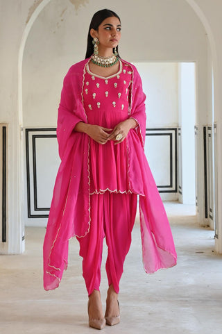 Rose pink rahi peplum with dhoti and dupatta