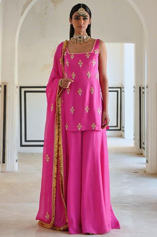 Bright pink short kurta with palazzo and dupatta