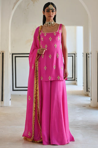 Bright pink short kurta with palazzo and dupatta
