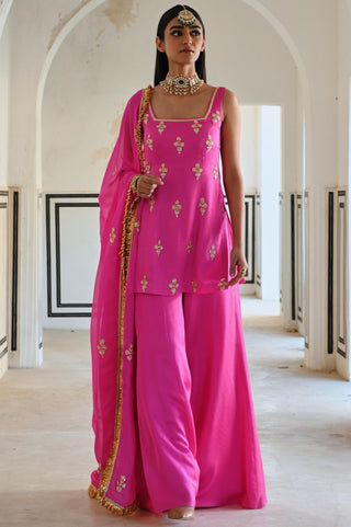Bright pink short kurta with palazzo and dupatta