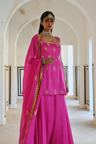 Bright pink short kurta with palazzo and dupatta