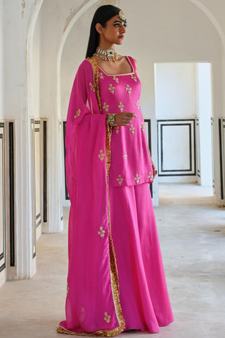Bright pink short kurta with palazzo and dupatta