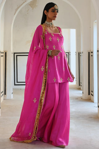 Bright pink short kurta with palazzo and dupatta