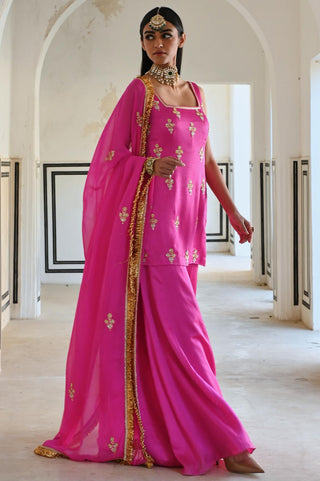 Bright pink short kurta with palazzo and dupatta