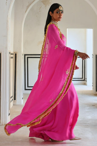 Bright pink short kurta with palazzo and dupatta